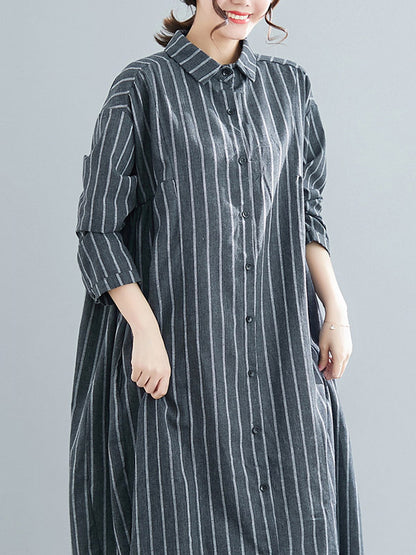 Simple Striped Buttoned Lapel Long Sleeves Shirt Dress
