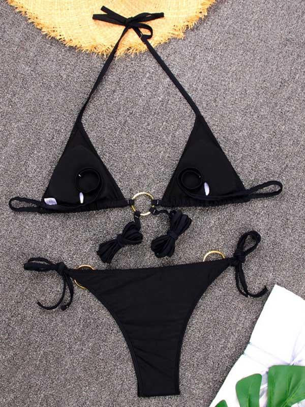 Triangles Bandage Metal Ring Split Bikini Swimsuit