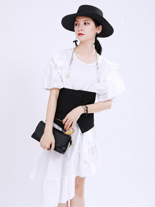 Original Irregular Solid Color Split-Joint Falbala Round-Neck Short Sleeves Midi Dress