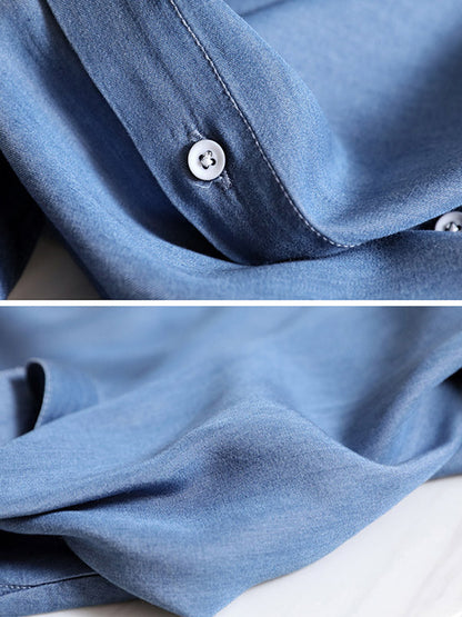 Urban Denim Blue Belted Lapel Short Sleeves Oversize Midi Dress
