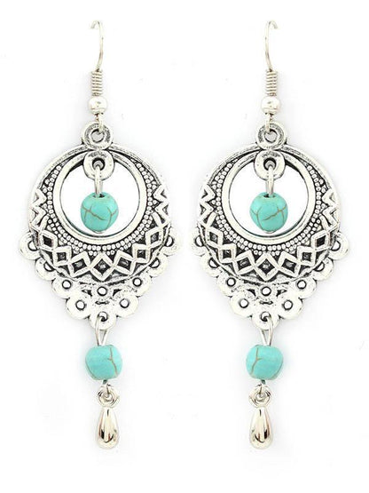 Vintage Ethnic Turquoise Hollow Carved Water Drops Earrings