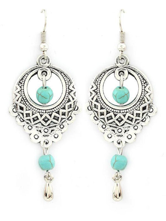 Vintage Ethnic Turquoise Hollow Carved Water Drops Earrings