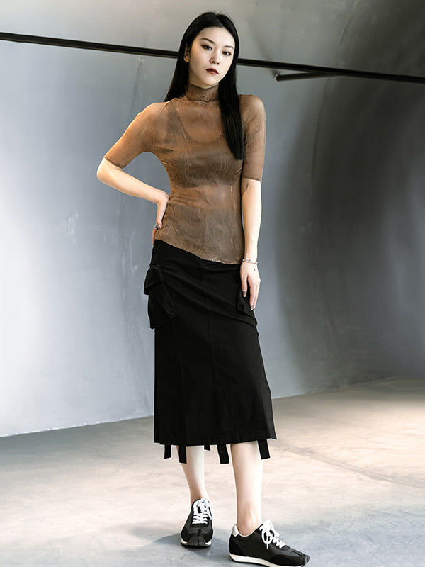 Original Solid Color High-Neck Long Sleeve See-Through T-Shirts Tops