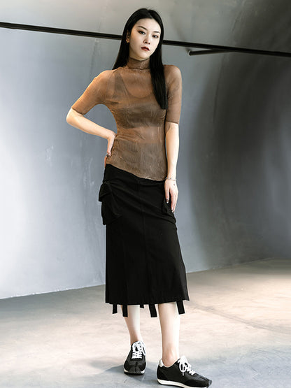 Original Solid Color High-Neck Long Sleeve See-Through T-Shirts Tops
