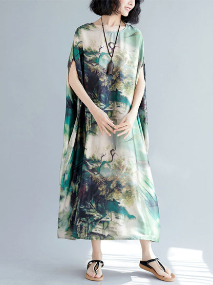 Vintage Loose Printed Batwing Sleeves Round-Neck Midi Dress