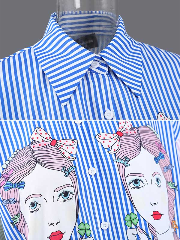 Original Striped Cartoon Portrait Printed Buttoned Lapel Collar Half Sleeves Midi Shirt Dress