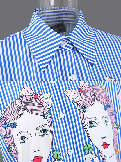 Original Striped Cartoon Portrait Printed Buttoned Lapel Collar Half Sleeves Midi Shirt Dress