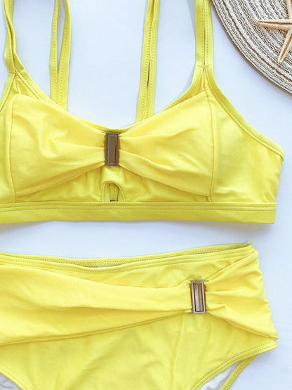 Solid Color Belted Split Bikini Swimsuit
