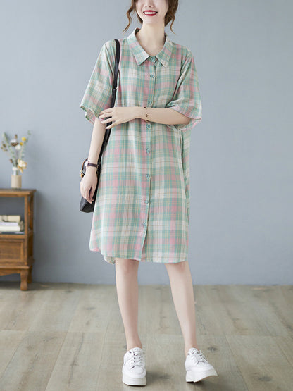 Urban Plaid Half Sleeve Lapel Shirt Dress