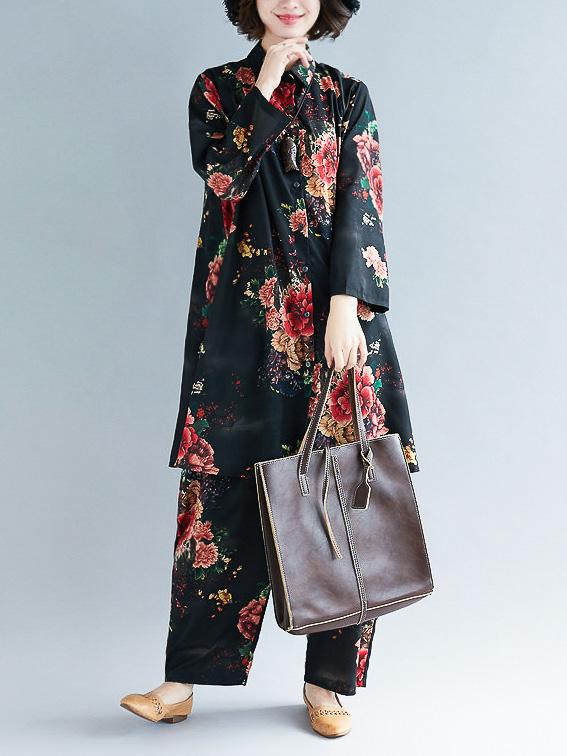 Loose Black Flower Print Lapel Long Sleeves Blouse + Pants Suits