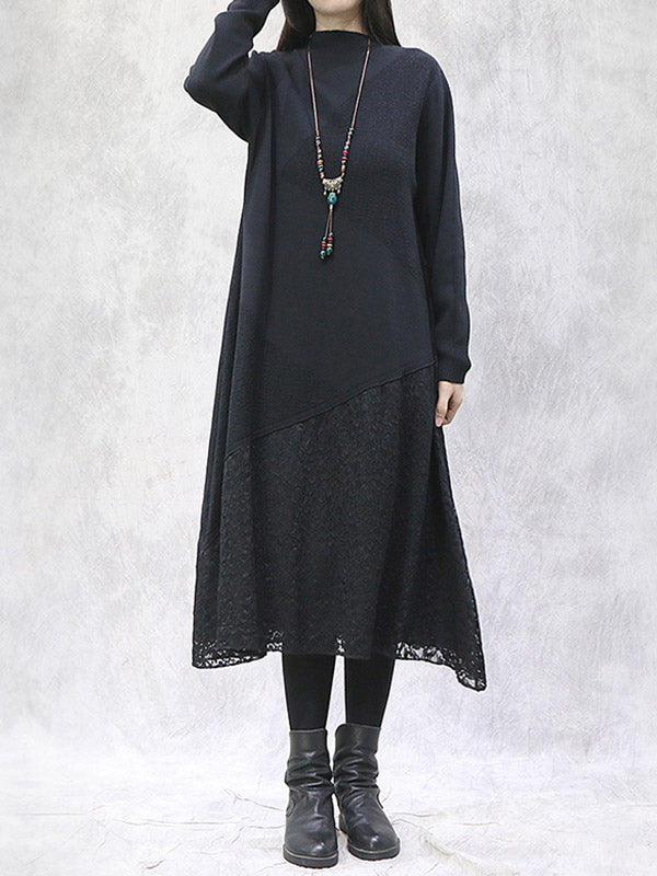 Artistic Retro Solid Color Split-Joint Embroidered Hollow Lace Stand Collar Long Sleeves Knitted Sweater Dress