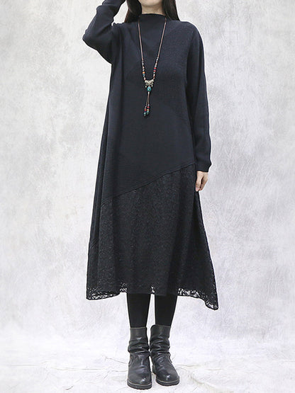 Artistic Retro Solid Color Split-Joint Embroidered Hollow Lace Stand Collar Long Sleeves Knitted Sweater Dress