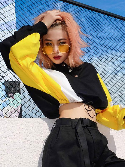Long Sleeve Color-Block Crop Sweatershirts