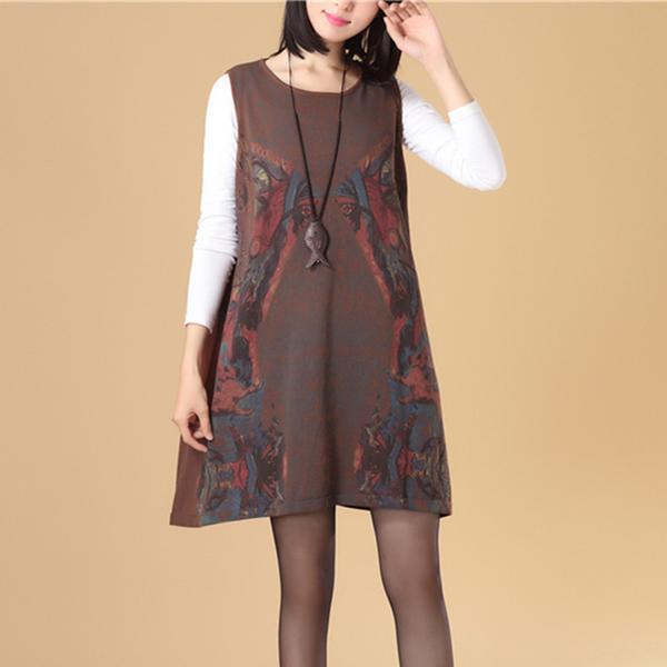 Autumn Women Round Neck Sleeveless Colorful Printing Sweater Dress