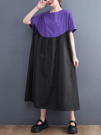Original Loose Contrast Color Pleated Midi Dress
