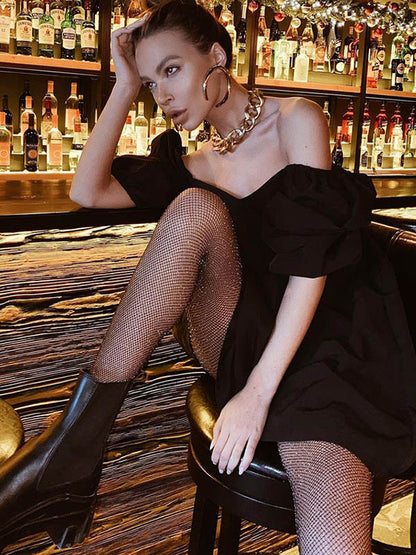 Stylish Split-Joint Pleated Puff Sleeves A-Line Mini Dress