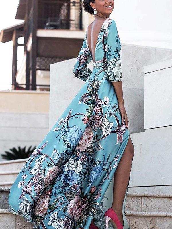 Pretty Bohemia Floral V Neck Backless Maxi Dress