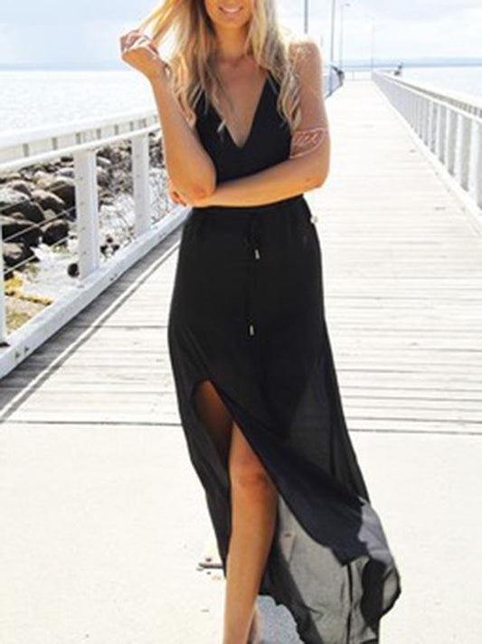 Backless Split-side Condole Belt Maxi Dress