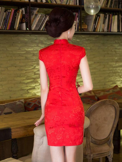 Red Jacquard Stand Collar Short Cheongsam