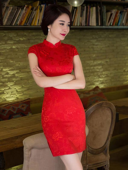 Red Jacquard Stand Collar Short Cheongsam