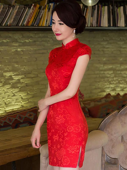Red Jacquard Stand Collar Short Cheongsam
