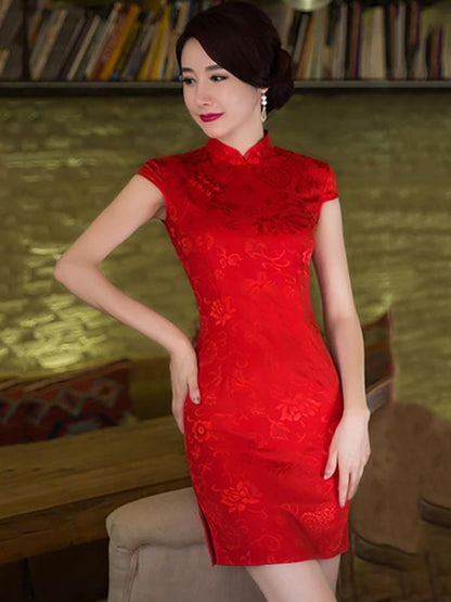 Red Jacquard Stand Collar Short Cheongsam