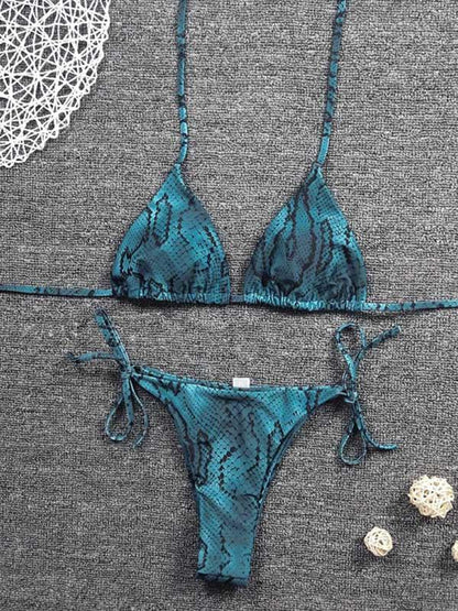 Snake-Print Triangle Bandage Split Bikini Swimsuit