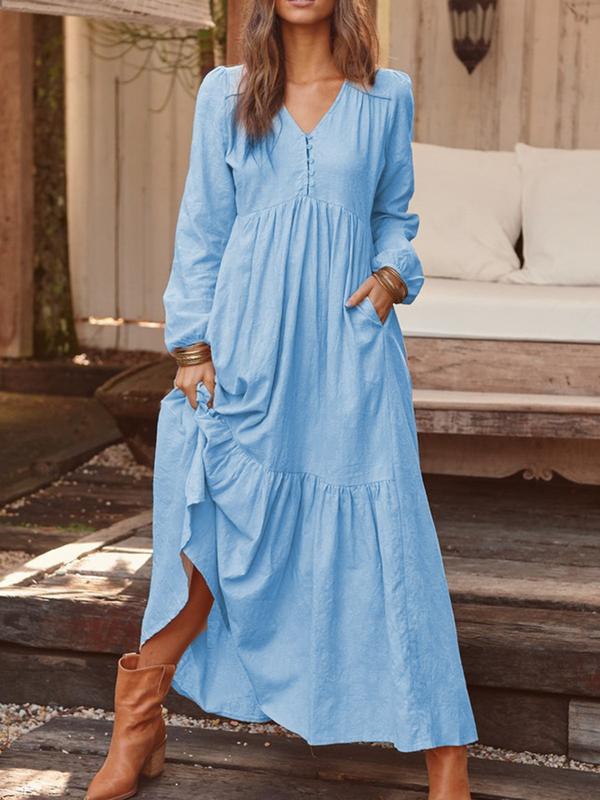 Long Sleeve Simple V-neck Maxi Dress