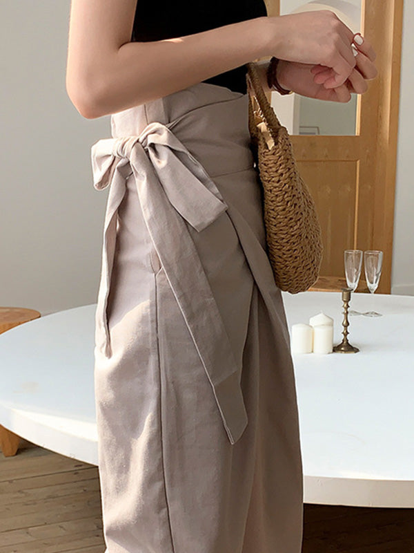 Simple 9 Colors Ramie Cotton Tied High-Waisted Pants