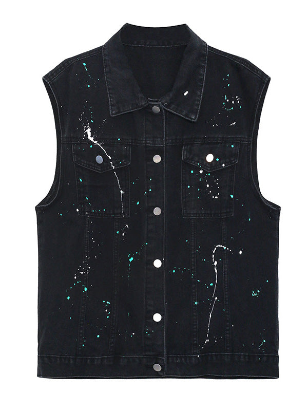 Original Denim Split-Joint With Pocket Splash Ink Buttoned Lapel Collar Sleeveless Vest Outwear