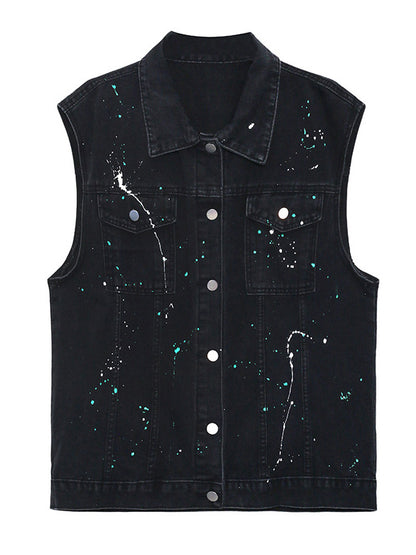 Original Denim Split-Joint With Pocket Splash Ink Buttoned Lapel Collar Sleeveless Vest Outwear
