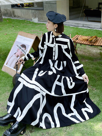 Loose Stand Collar Printed A-Line Midi Dress