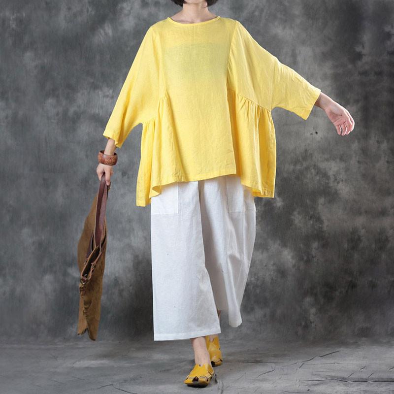 Custom made Folded Women Loose Casual Linen Summer Yellow Shirt