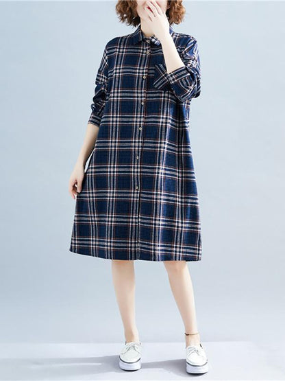 Loose Plaid Lapel Blouse Dress