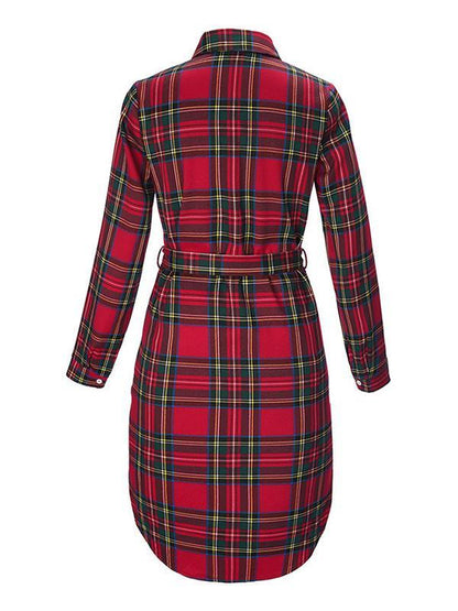 Polo Collar Checkered Belt Buckle Midi Shirt