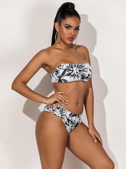 Sexy Strapless Bandage Printing Split Type Bikini Swimsuit