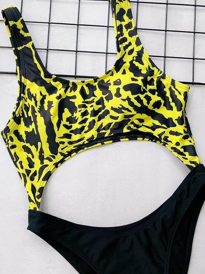 Contrast Hollow Leopard One Piece Swimsuit