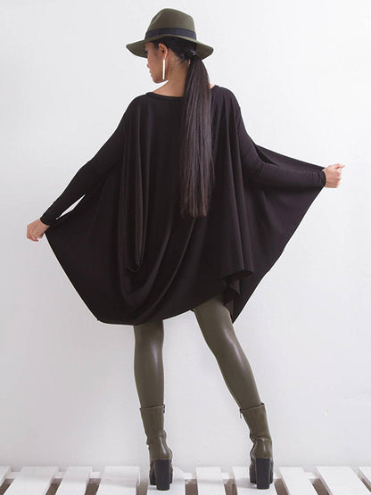 Simple Black Batwing Long Sleeve Loose Asymmetric T-Shirt