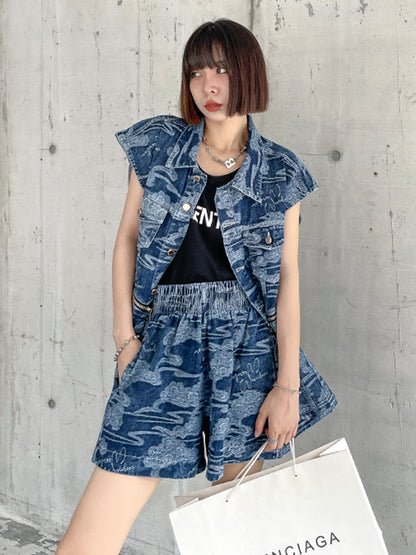 Stylish Buttoned Lapel Zipper Sleeveless Denim Two Pieces Set