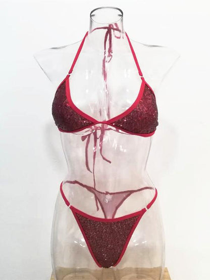 Sequined Lace Up Bikini Swimsuit