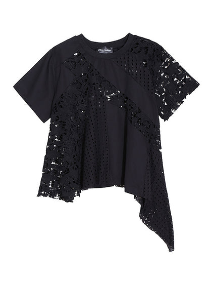Irregular Hollow Lace Solid Color Round-Neck Short Sleeves T-Shirt Tops