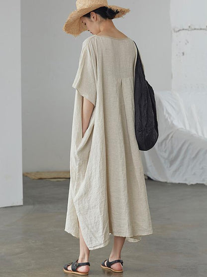 Loose Linen Apricot Split-side Ramie Long Dress