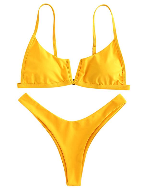 V-Neck Solid Color Bikini Swimsuit
