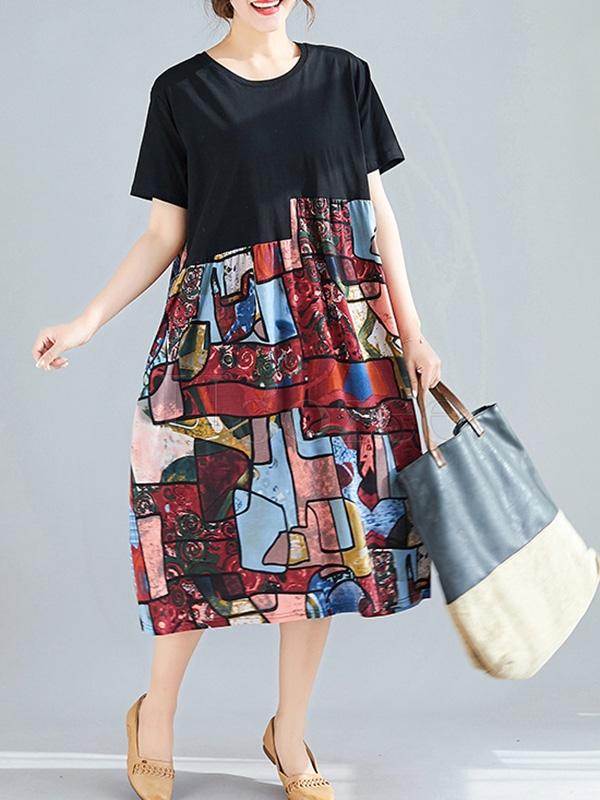 Loose Ramie Cotton Split-joint Floral Printed Midi Dress