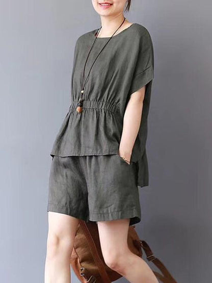 Loose Solid T-Shirt + Wide Leg Shorts Suit