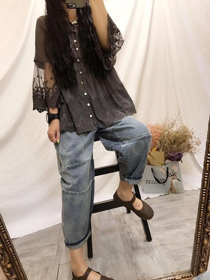 Retro Lace Embroidered Gauze Sleeves Shirt