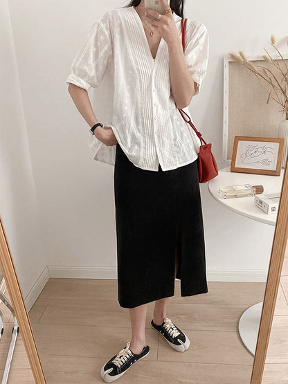 Simple Solid Color Buttoned V-Neck Short Sleeves Blouse