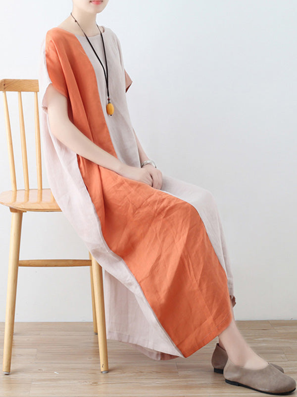 Original Linen Split-Joint Contrast Color Round-Neck Batwing Sleeve Midi Dress