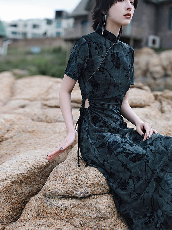 Vintage Tie-Dyed Buttoned Stand Collar Short Sleeves Cheongsam Dress