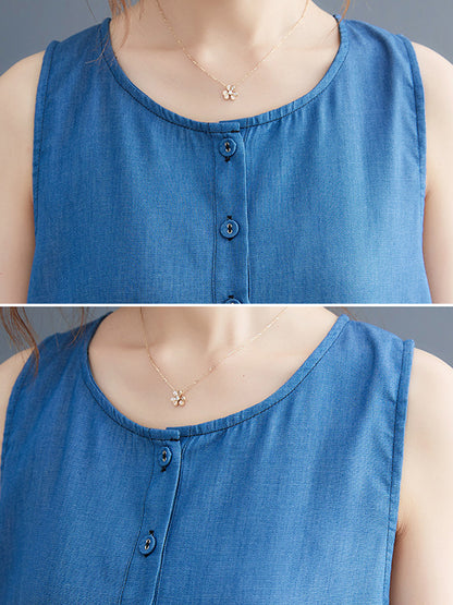 Simple Casual Denim Solid Color Midi Dress
